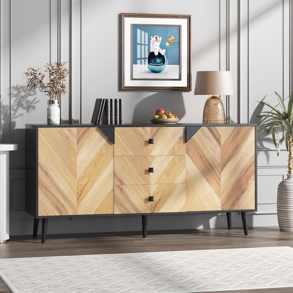 55.1" 3 Drawer Cabinet with Adjustable Shelves and Doors with Storage, Black + Walnut Grain