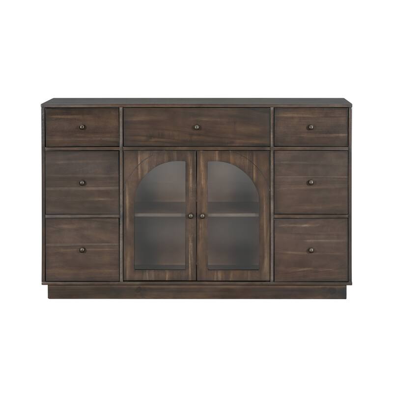 Roomfitters Large Sideboard Storage Cabinet with 7 Drawers and 2 Glass Doors - Dark Brown
