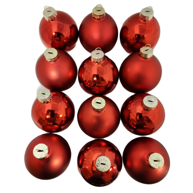 2-Finish Glass Christmas Ball Ornaments - 2.75" (70mm) - Red - 12ct
