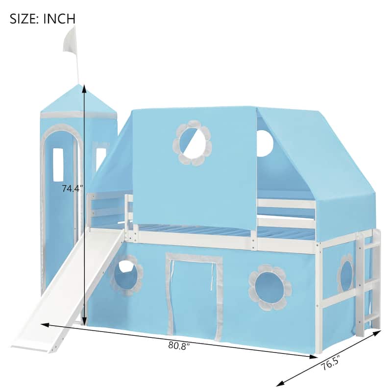 Kids Loft Bed Bed Castle-Shaped Bunk Bed with Slide and Safety Guardrail, Playhouse Bed with Tent & Tower Decor for Kids