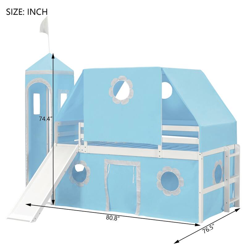 Kids Loft Bed with Slide, Tent and Tower, Solid Wood Castle Playhouse Loft