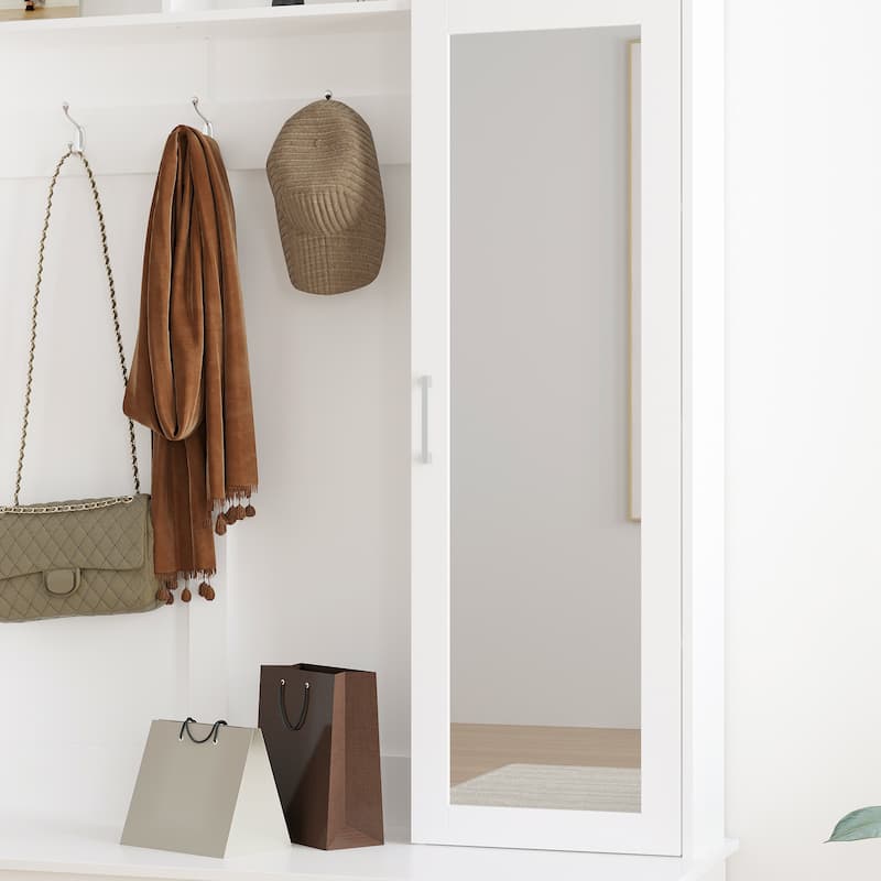 Modern White Hall Tree Entryway Storage Cabinet with Mirror and Drawers Entryway Bench - 47.2"X73.6"