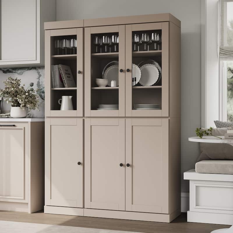 Palace Imports 100% Solid Wood 48.5" Pantry Cabinet with Clear Glass, Shaker Doors and Adjustable Shelves - Beige