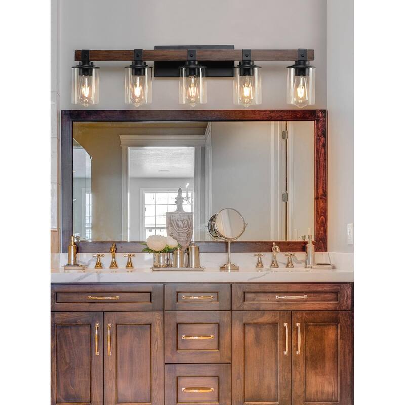 35" Rustic 5-Light Vanity Light, Industrial Bathroom Wall Sconce with Glass Shades and Wood Accent (No Bulbs) - Walnut