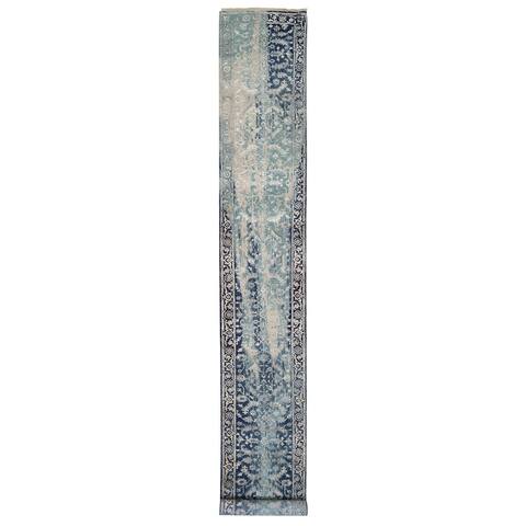 Shahbanu Rugs Blue-Teal Hand Knotted Broken Persian Heriz Erased Design Wool And Silk Runner Oriental Rug (2'7" x 17'9")