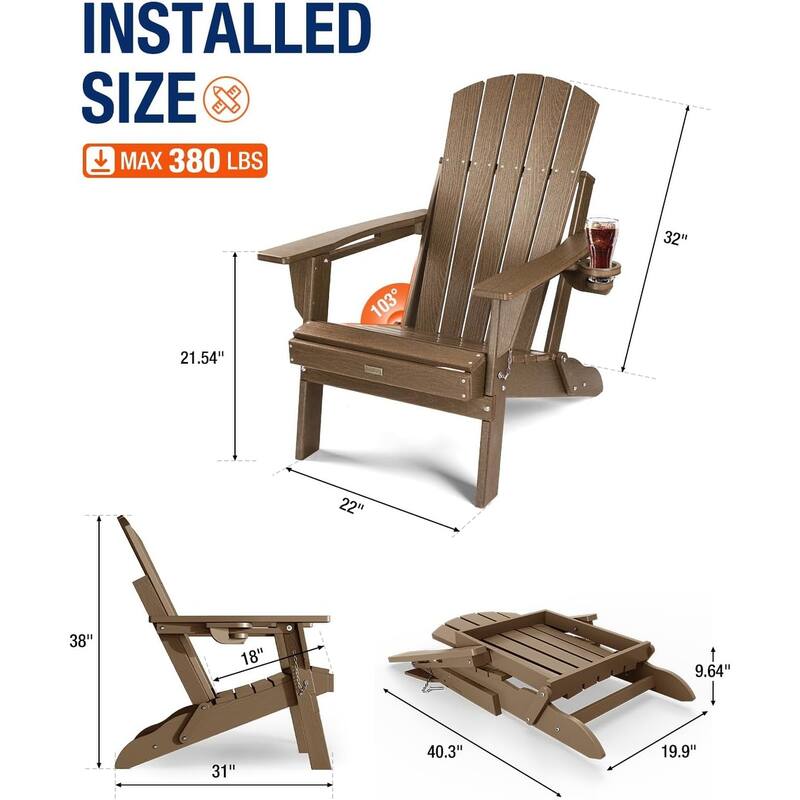 WINSOON All Weather HDPE Outdoor Folding Adirondack Chair With Cup Holder