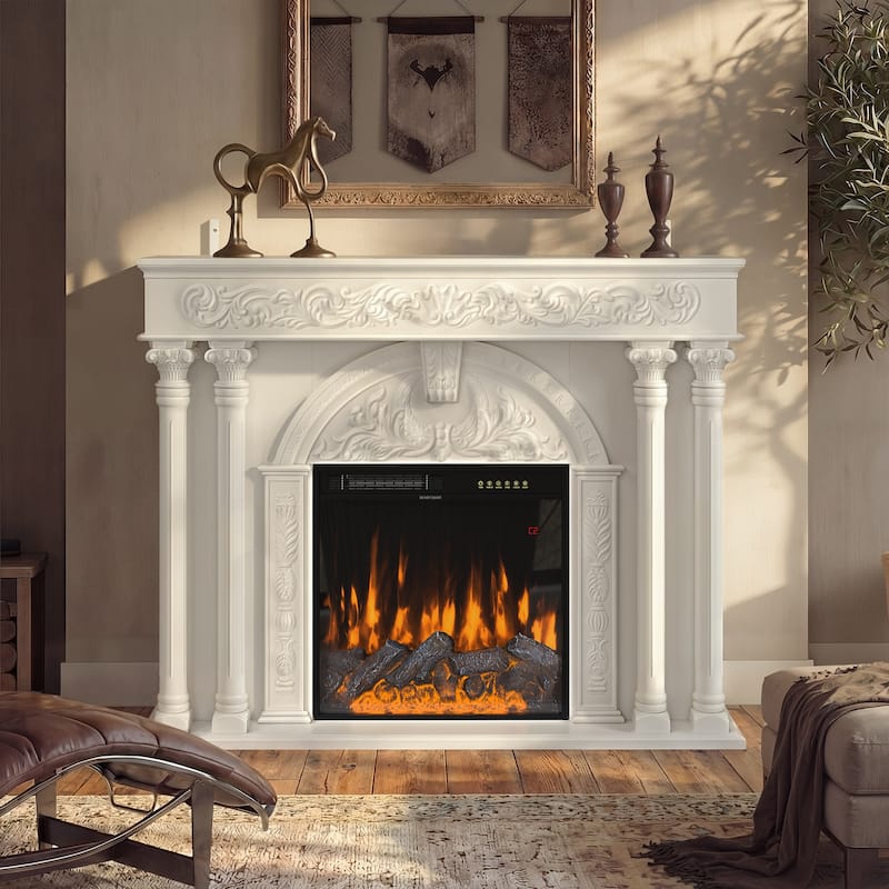 Solid Wood Electric Fireplace TV Stand with 12-Color LED Flame, White Wood Cabinet with Roman Columns, 1500W Heater
