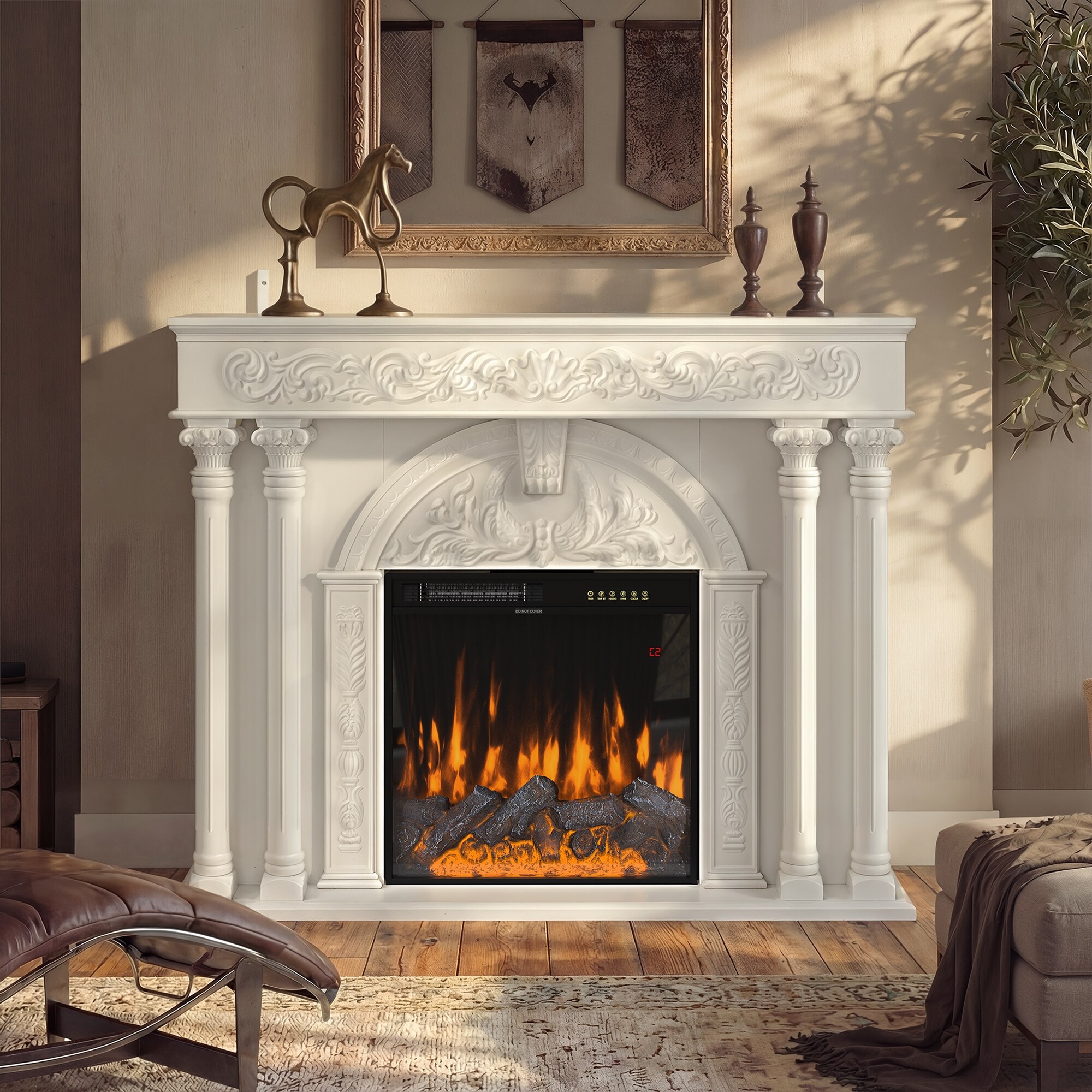 Solid Wood Electric Fireplace TV Stand with 12-Color LED Flame