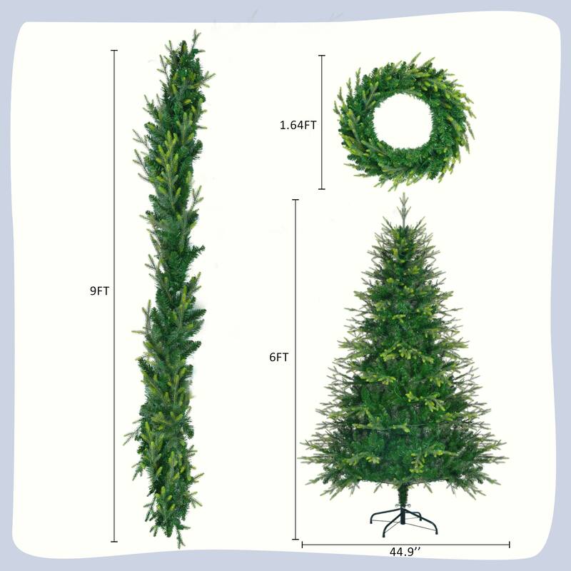 6FT Pre-Lit Christmas Tree with Garland & Wreath Set, LED Multi-Color & Warm Lights, Green and White Tips