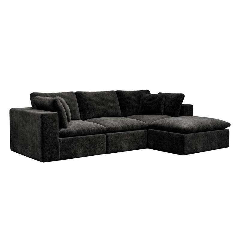 L-Shaped Modular Sectional Sofa with Ottoman, Comfy Plush Corduroy Deep Seat Cloud Couch, Compressed Sofa with Pillows