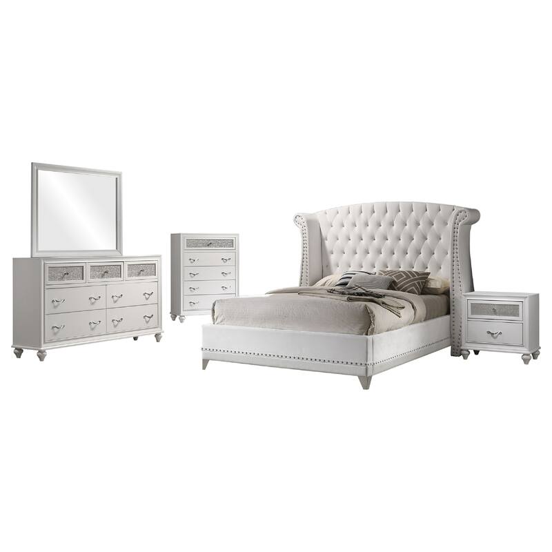 Dini Glam 5pc Queen Bedroom Set, Tufted Wingback in White Velvet