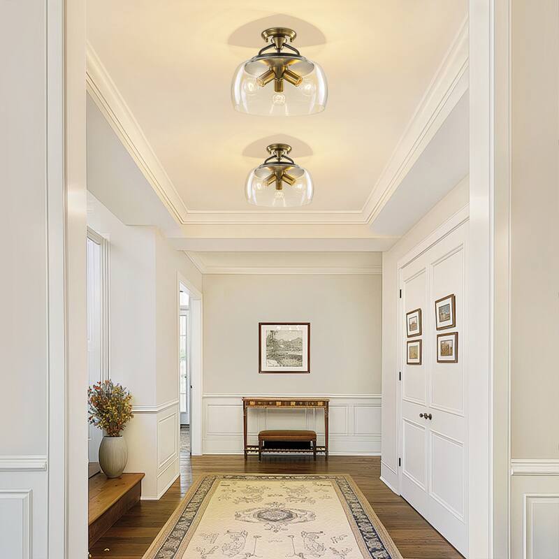 13" W 3-Light Modern Industrial Black Metal Semi-flush Mount Ceiling Light with Clear Dome Glass