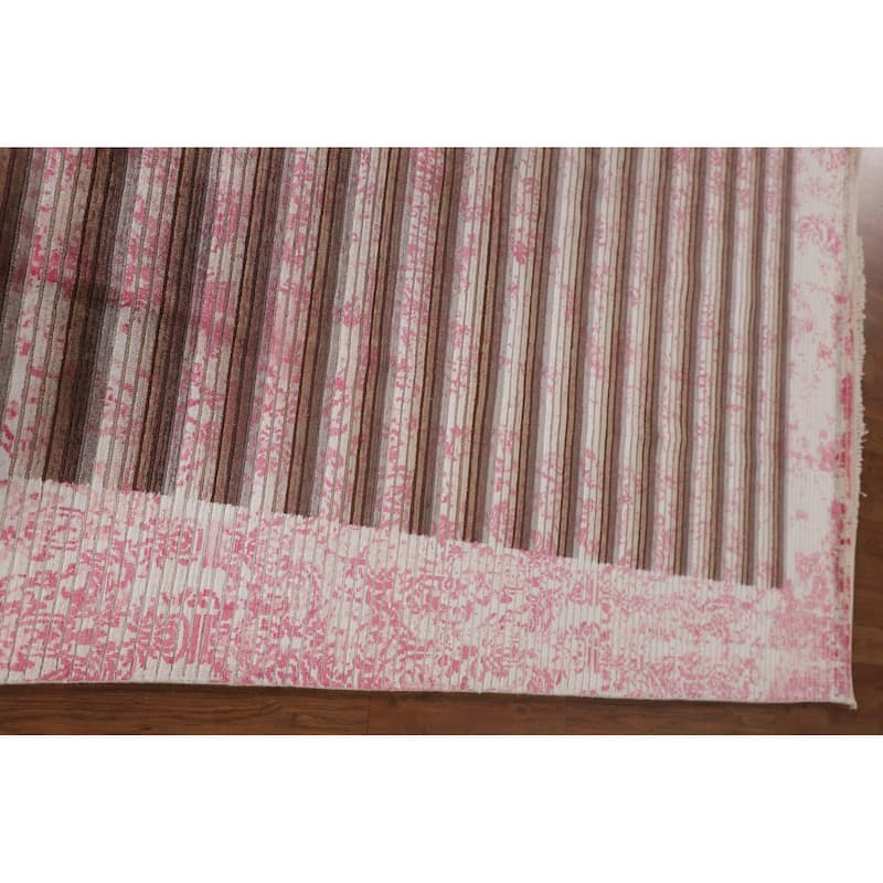 Striped Pink Abstract Area Rug Hand-Knotted Modern Wool Carpet - 6'6"x 9'0"