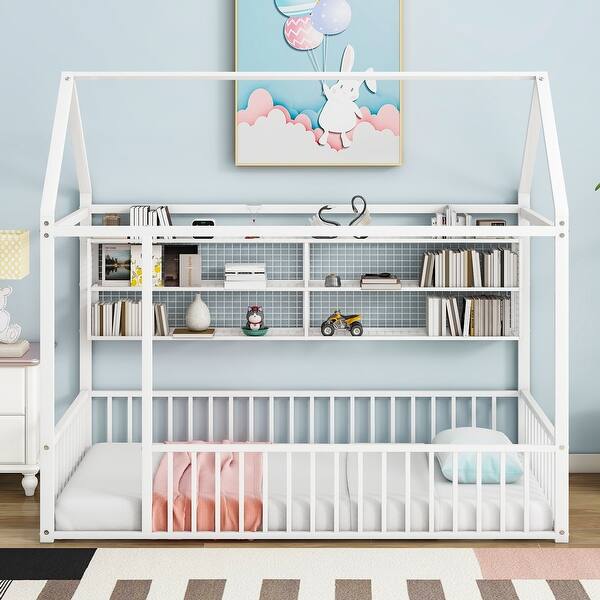 slide 2 of 72, Metal Kids Storage Beds House-Shaped Platform Bed with 4 Metal Grid Shelves and Fence, Space-Saving Bed White - Twin