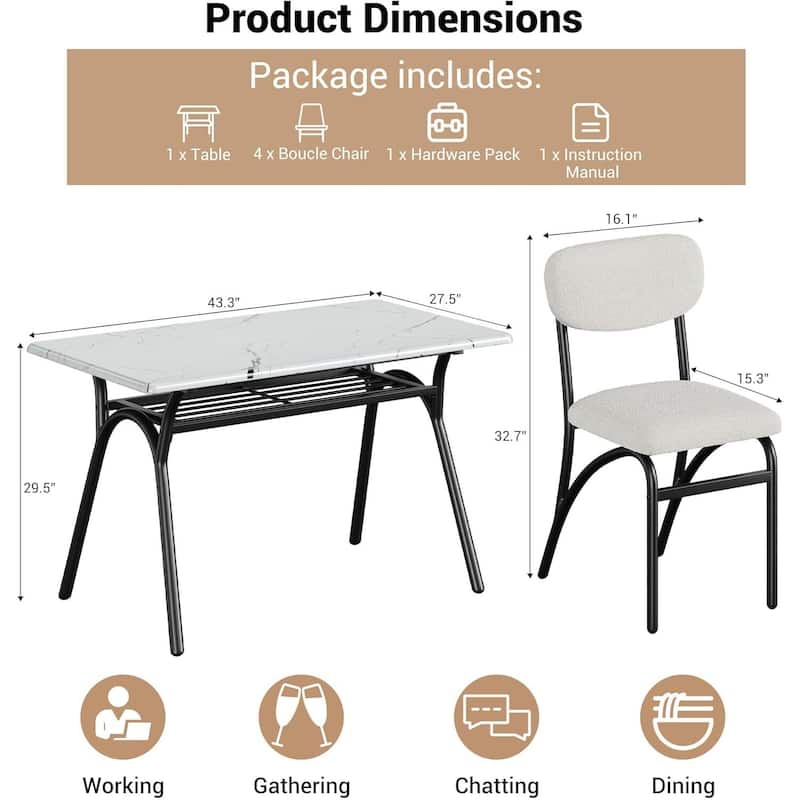 Dining Table Set for 4, with 4 Boucle Chairs and Storage Rack
