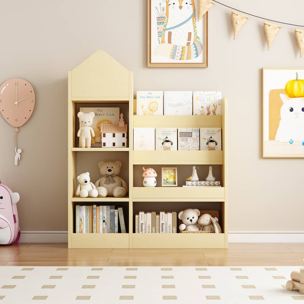 Wood Kids Wooden Bookshelf Toy Storage Organizer with Bookcase, Bin Storage Unit with 6 Compartments 2 Baskets Box Organizer