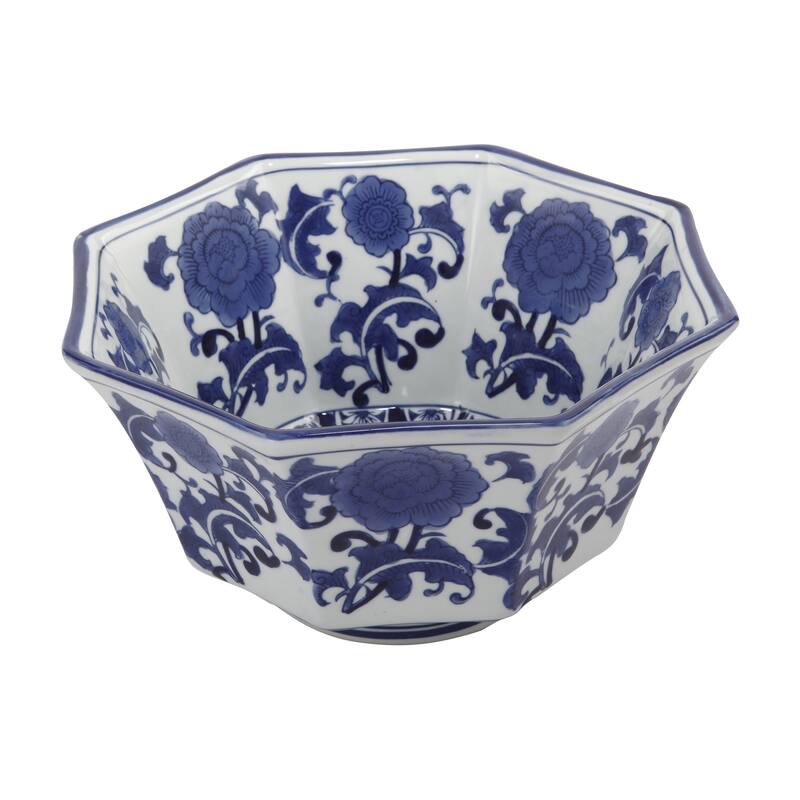 11 Inch Decorative Bowl with Floral Pattern on Blue and White Porcelain - Blue