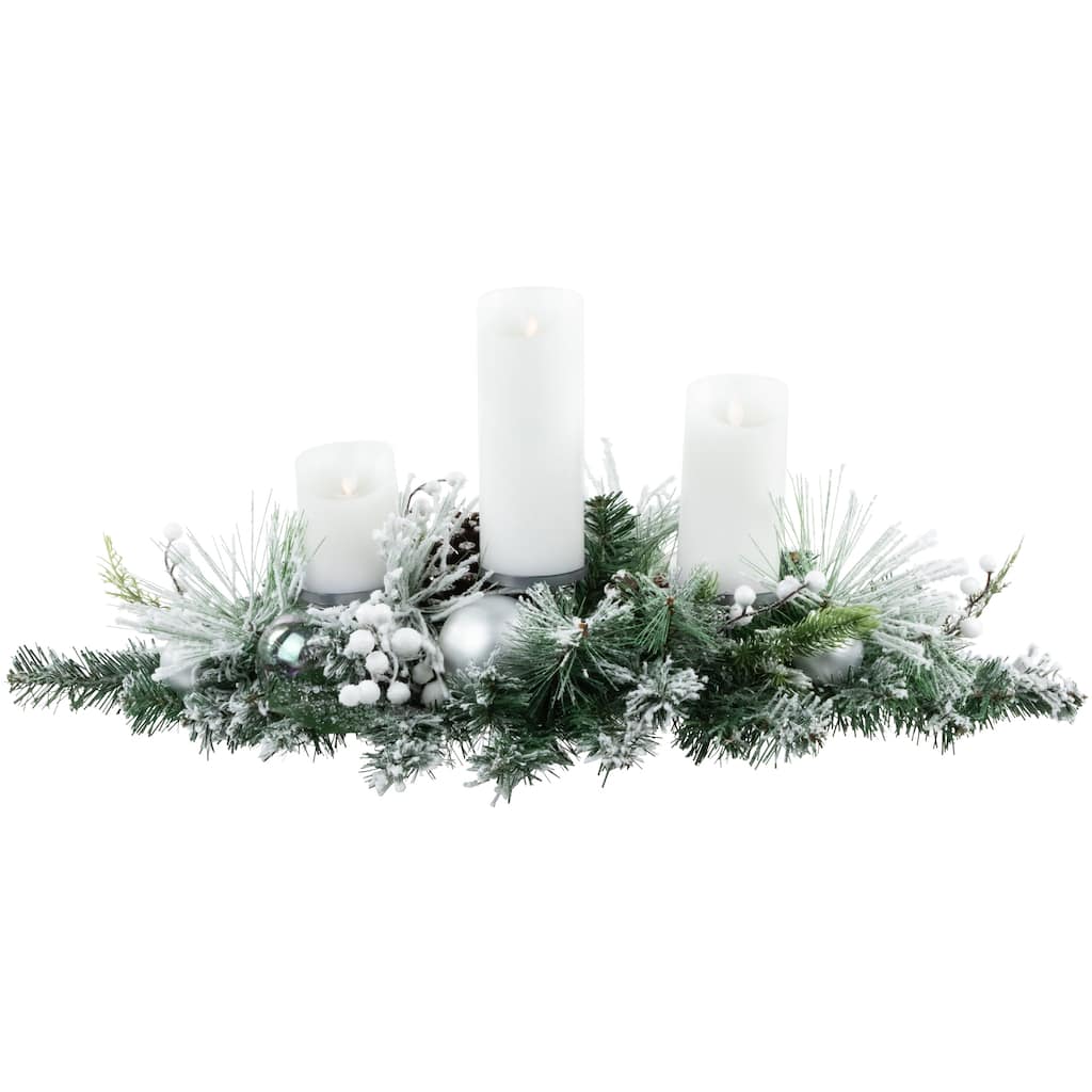 30" Green Flocked Pine Triple Candle Holder Iridescent Ornaments