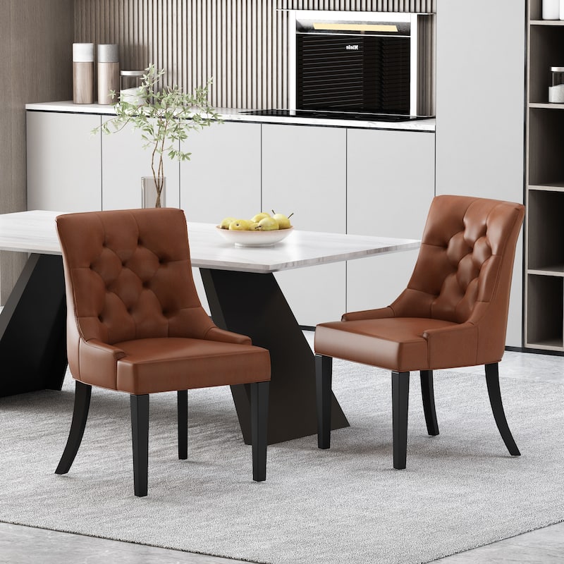 Cheney Tufted Dining Chairs (Set of 2) by Christopher Knight Home - Dark Brown/ Cognac/ Faux Leather