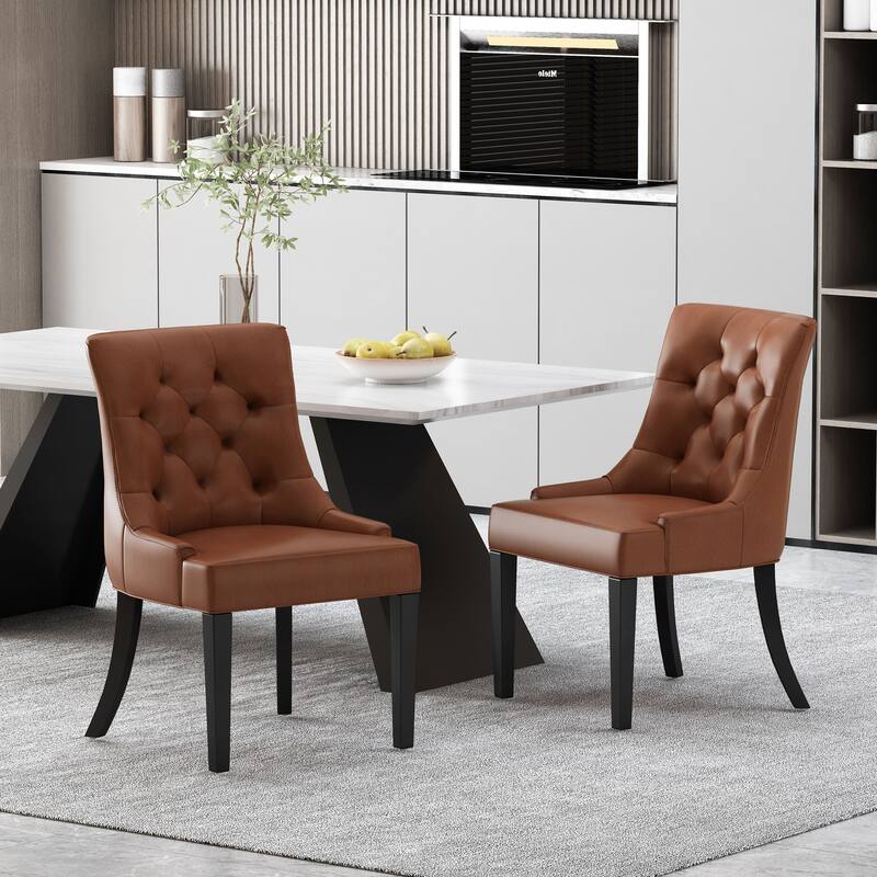 Dining Chairs Set of 2, Tufted Faux Leather Dining Room Chairs with Wood Legs, High-Backed Upholstered Chairs for Kitchen - Light Brown