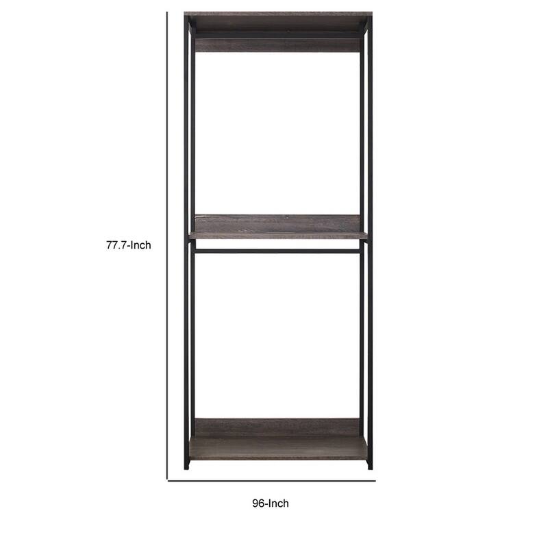 Gin Modular Closet System, 3 Rustic Gray Shelves, 2 Hanging Rods, Black
