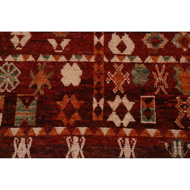 Red Tribal Geometric Moroccan Area Rug Hand-knotted Wool Carpet - 6'8" x 9'6"
