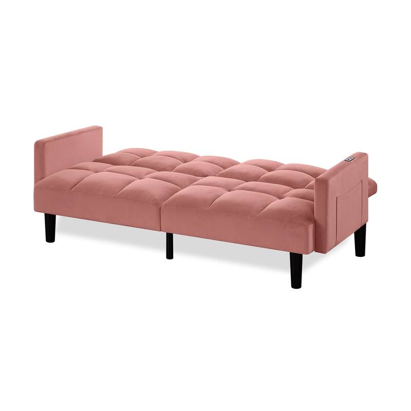 Versatile Adjustable Futon Couch Convertible Velvet Sleeper Sofa Bed with USB, Side Pockets, Chevron Tufting and Tapered Legs