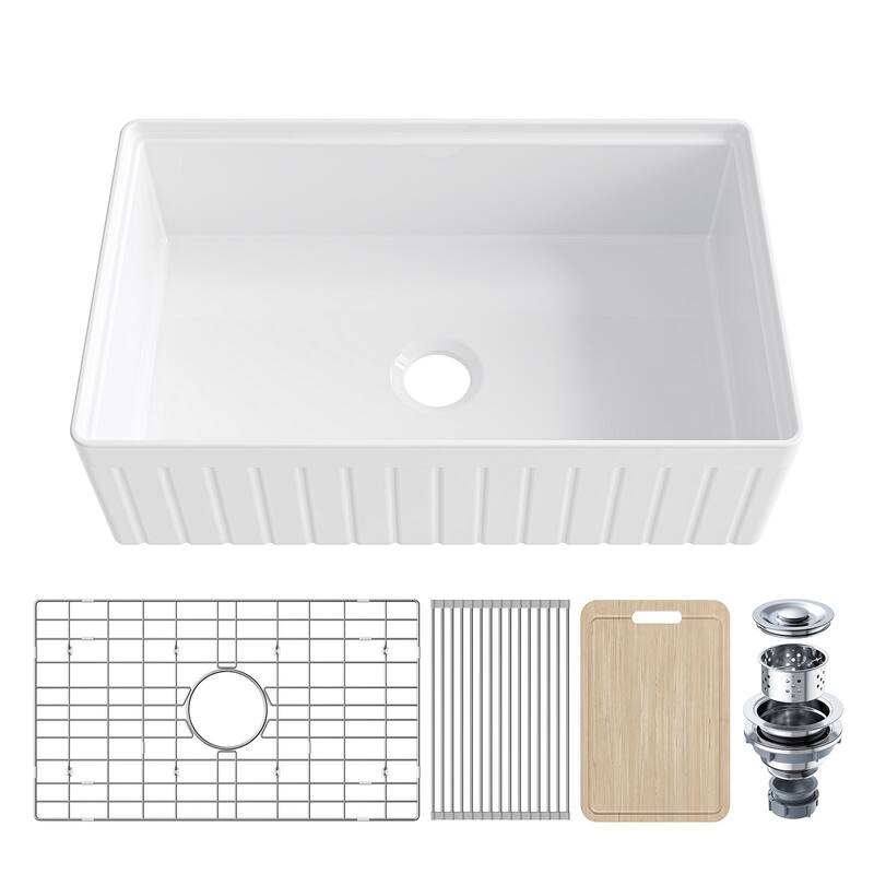 HOROW 33in. Farmhouse/Apron-Front Single Bowl White Fireclay Workstation Kitchen Sink w/Cutting Board,Bottom Grid and Strainer