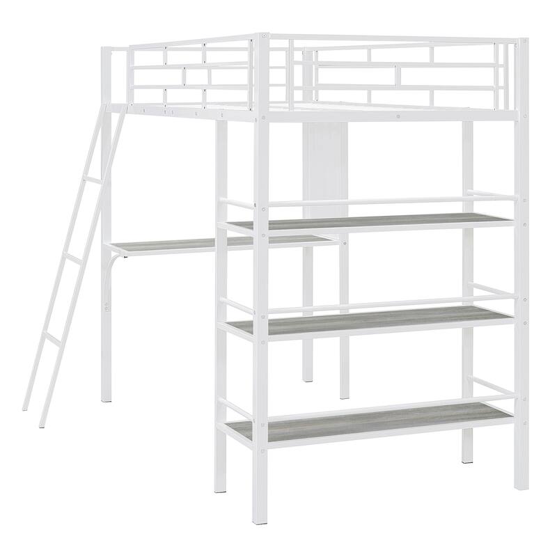 Stylish Twin Size Loft Metal Bed with Shelves, Desk, and Whiteboard - Space-Saving Metal Frame Bed for Work and Play