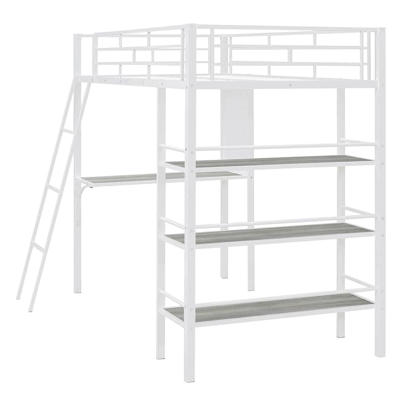 Twin Loft Bed with Shelves, Desk, and Whiteboard, a Stylish and Functional Bedroom Centerpiece