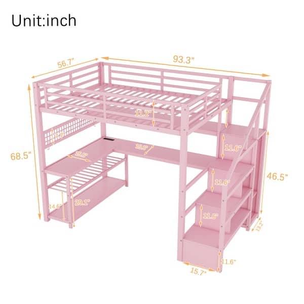 Metal Loft Bed with L-Shaped Desk, Wardrobe, Heavy Duty Frame with LED Lights & Charging Station