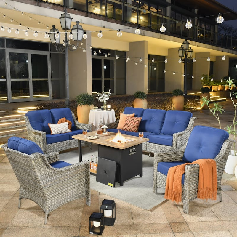 XIZZI 5-piece Patio Furniture Wicker Outdoor High Back Sofa Set with Fire Pit - Navy Blue