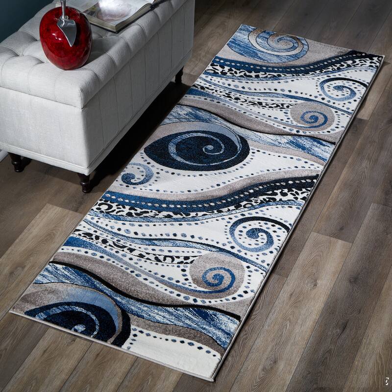 Rhodes Collection Abstract Swirl Area Rug - 2'8'' X 8'1'' - Blue