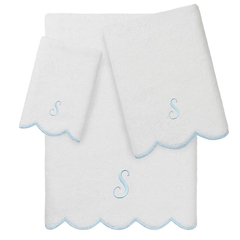 Authentic Hotel and Spa 100% Turkish Cotton Blue ADORNIA Scallop Personalized 3 Piece Towel Set - 3 Piece Set - S