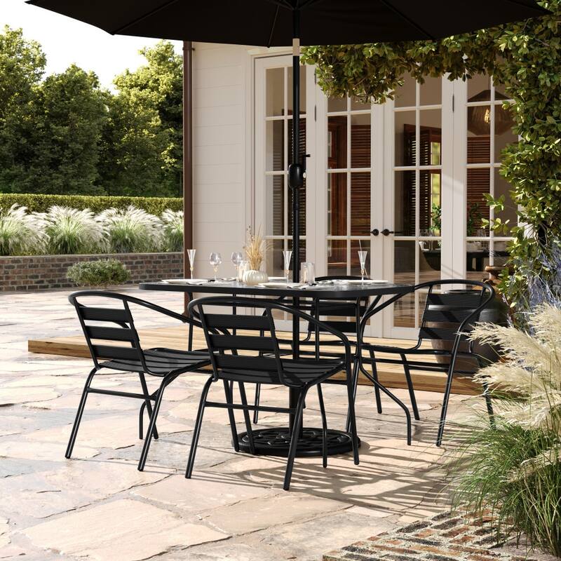 Commercial Patio Dining Set with Tempered Glass Top Table and 4 Chairs - Black