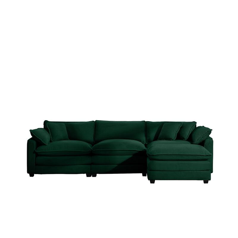 Green 115" Corduroy Cloud Upholstered Modular L-Shaped Sectional Sofa with Removable Ottoman and Free Combination Design