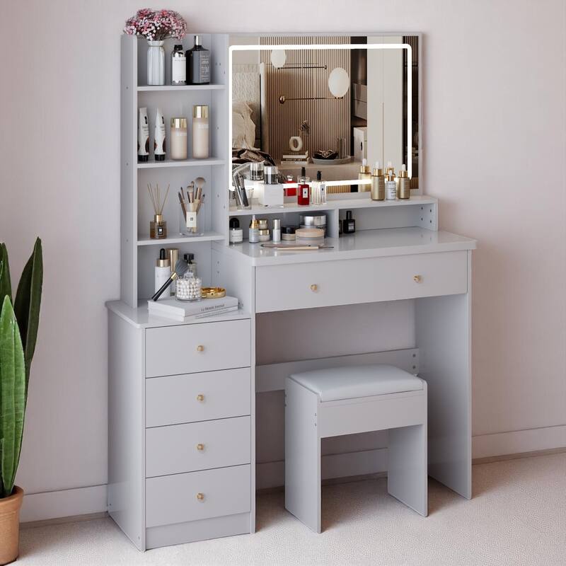 Makeup Vanity Desk with Extra Large Lighted Mirror, Left Drawer Cabinet, Adjustable LED Lighting, and Stool for Bedroom