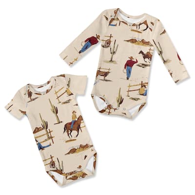 Sweet Jojo Designs Tan Brown Western Cowboy Boy 6-12M Baby Clothes Onesies 2 Pack Set Wild West Southern Country South Horse Cow