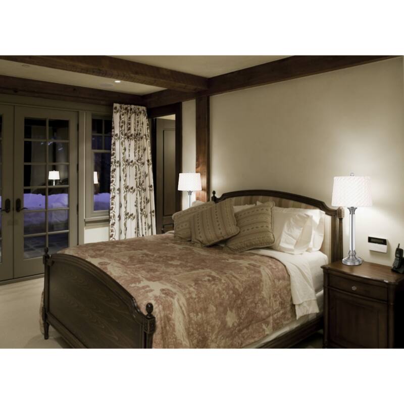 Nickel Metal Table Lamp with White Fabric Empire Shade and Dimmable 3 Way Switch - 14” x 14” x 32” (D x W x H)