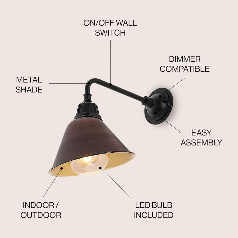 Aurora 9.63" 1-Light Farmhouse Industrial Indoor/Outdoor Iron LED Gooseneck Arm Outdoor Sconce, by JONATHAN Y - 9.63