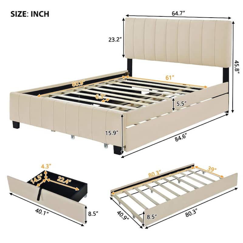 Queen Size Velvet Upholstered Platform Bed
