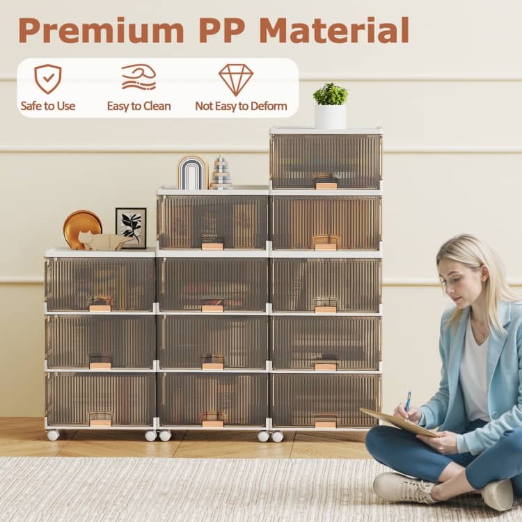 White-Brown PP and ABS Stackable Storage Bin with Wheels, Foldable Cubes
