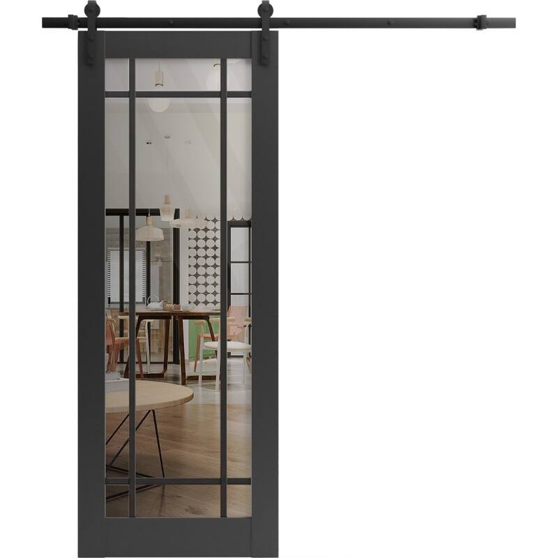 Sturdy Barn Door 18 x 80 Lucia 2266 Matte Black Clear Glass 6.6FT - Black - 32" x 96"