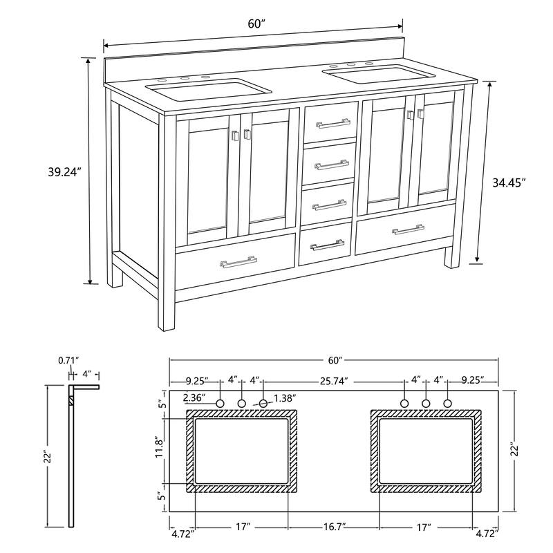 PROOX 60 inch Freestanding Bath Vanity Engineered Countertop and Double Ceramic Sink
