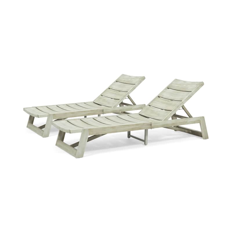 Set of 2 Outdoor Acacia Wood Adjustable Backrest Chaise Lounge Chairs