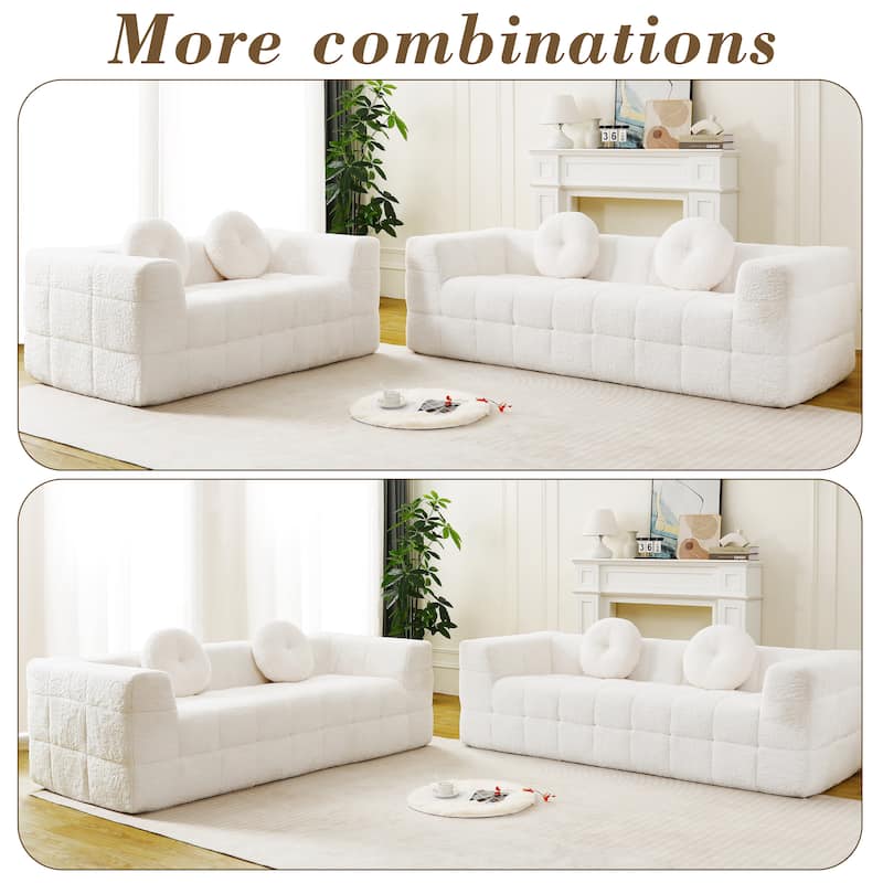 66.5" Modern Boneless Cloud Sofa, 2-Seater Foam Couch with Checkered Design & Plush Lychee-Textured Fabric, Circular Pillows