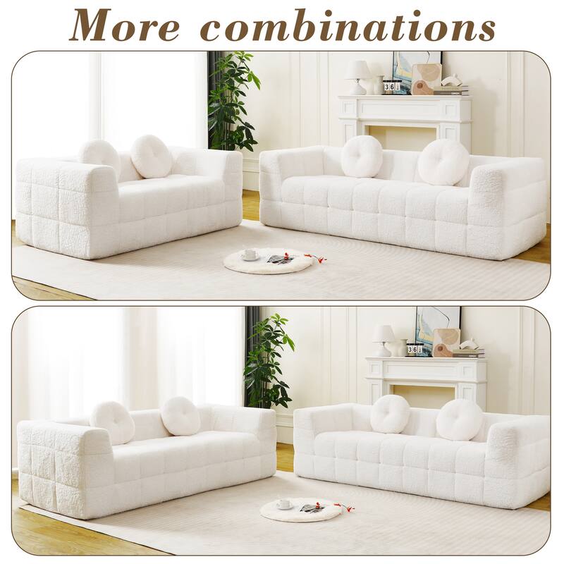 Anmytek 66.5 Inch Modern Boneless Two-Seater Checkered Foam Sofa with 2 Circular Throw Pillows