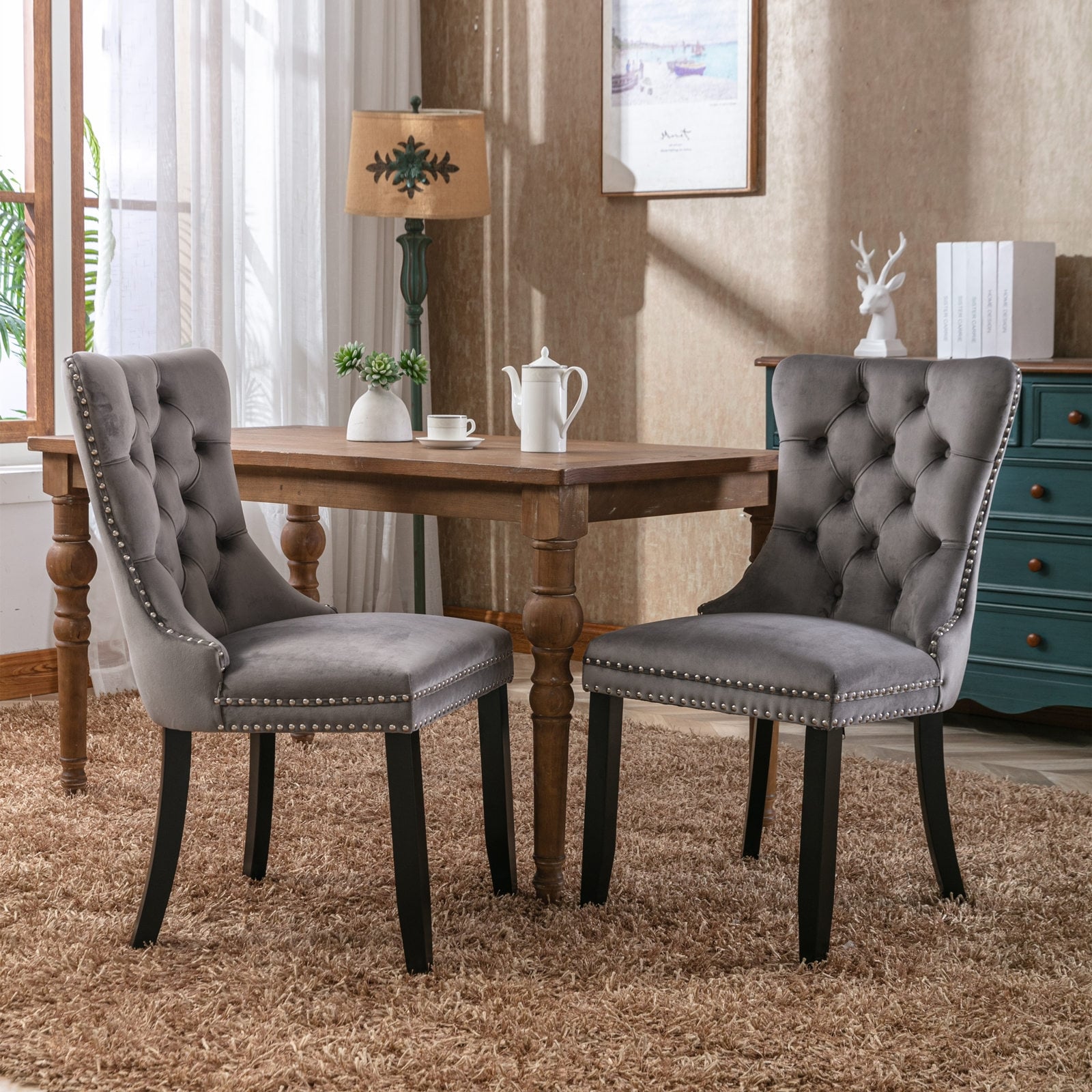 Costway Dining Chair Upholstered Set of 2 Vintage Wooden Dining Chair - See Details - Greyish Brown