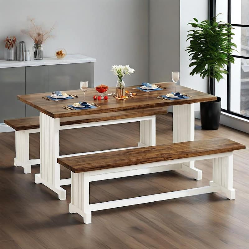 3-Piece White-Brown Wooden Kitchen Dining Set with Bench Seating Perfect for Breakfast Nook
