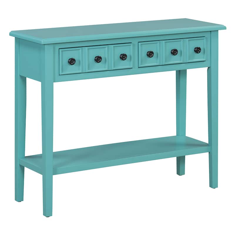 38.2" Living Room Entryway Sofa Table with Rubber Wood Legs, Versatile Storage Console Table with 2 Drawers and Open Shelf
